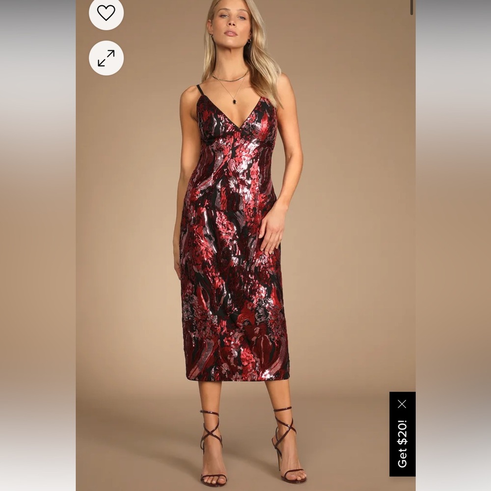 Lulus Glamorous By Design Red Multi Sequin Midi Dress, Small (NWT)